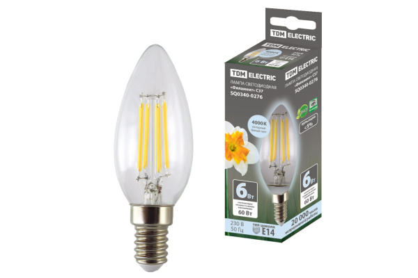 TDM Лампа светодиодная "Филамент" С37-6 Вт-230 В-4000 К–E14 SQ0340-0276