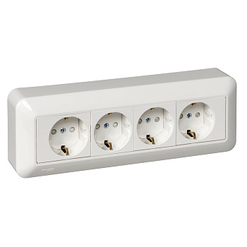 Systeme Electric Wessen Прима наруж Бел Розетка 4-я с/з с защитными шторками 16А, монтажная пластина (в сборе)(опт.упак.)