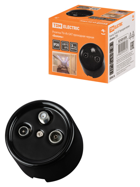 TDM Розетка TV+R+ SAT проходная черная «Болонь» SQ1820-0258