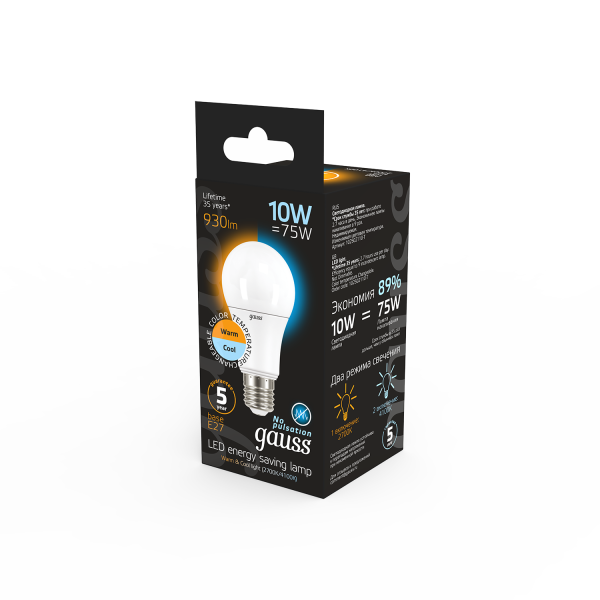 Купить Gauss Лампа A60 10W 930lm 3000K/4100K E27 изм.цвет.темп. LED 102502110-T