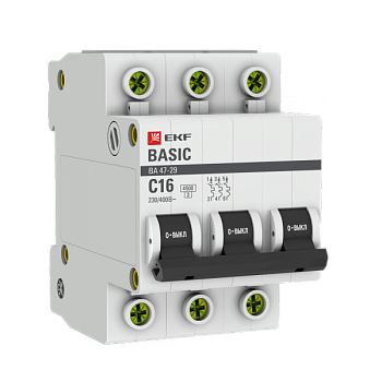 EKF Basic ВА 47-29 Автоматический выключатель (С) 3P 16А 4,5кА mcb4729-3-16C
