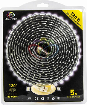 NEON-NIGHT LED Лента 220В, 6x10.6 мм, IP67, SMD 3014, 120 LED/m, цвет свечения белый, 5м (с комплектом подключения) 142-105-05