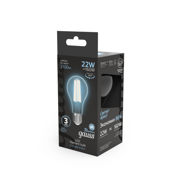 Купить Gauss Лампа Filament А70 22W 2100lm 4100К Е27 LED 1/10/40 102902222