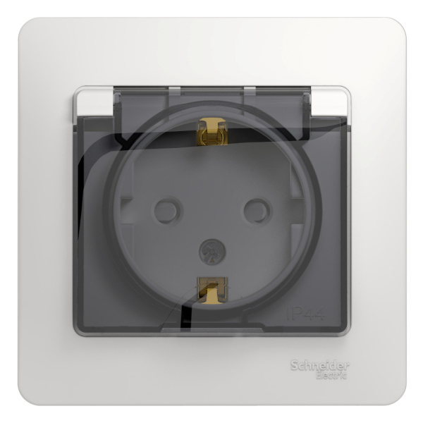 Systeme Electric Glossa Бел Розетка с/з со шторками с крышкой, IP44 (в сборе с рамкой)