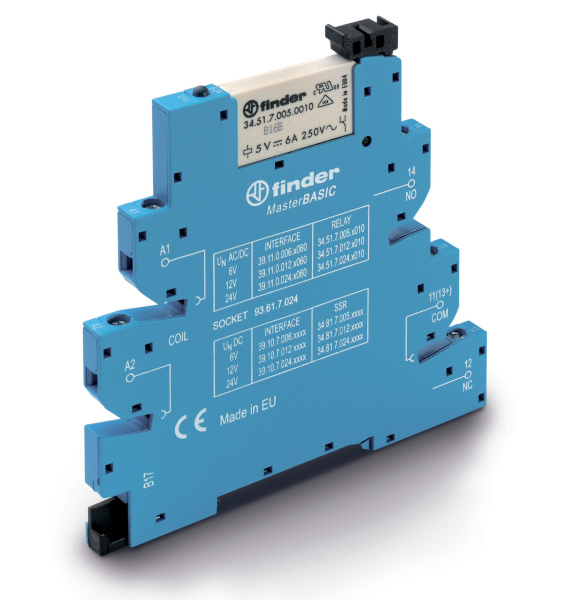 Finder Интерфейсный модуль (сборка 34.51.7.005.0010 + 93.61.7.024), электромеханическое реле, серия MasterBASIC; 1CO 6A; контакты AgNi; питание 6В AC/ 391100060060