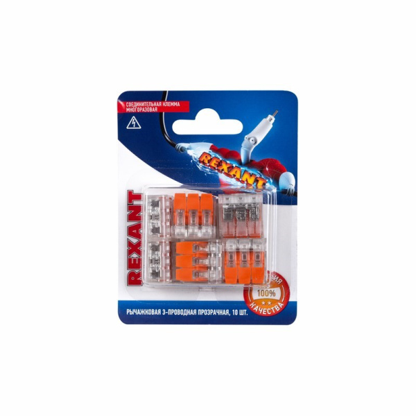 Соединительная компактная рычажковая клемма 3-проводная прозрачная (0,14-4 мм²) 10 шт. Rexant 06-0217-A10