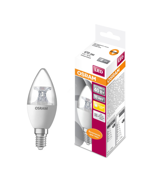 Купить Osram Светодиодная лампа LED STAR ClassicB 5W (замена 40Вт),теплый белый свет, прозрачная колба, Е14 4058075318120