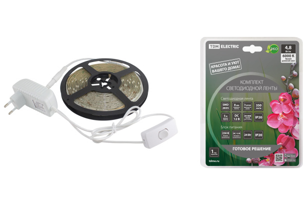 TDM Комплект светодиодной ленты SMD2835-60 LED/м-12 В-4,8 Вт/м-IP20-6000 К (5 м), 24 Вт SQ0331-0223