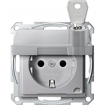 SE Merten SM Алюминий Розетка Schuko с крышкой запирающейся на замок, с защитными шторками, безвинт. зажим MTN2315-0460