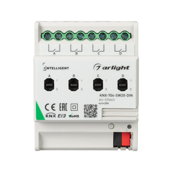 Купить Arlight INTELLIGENT Релейный модуль KNX-704-SW20-DIN (BUS, 4x20A) (-) 025663