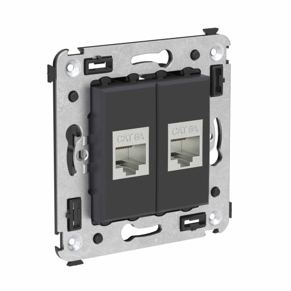 Купить DKC Компьютерная розетка RJ-45 без шторки в стену, кат.6А двойная экранированная, "Avanti", "Черный матовый"