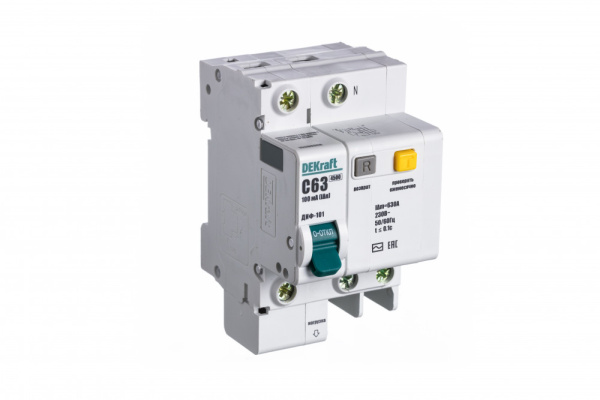 Dekraft Автоматический выключатель дифференциального тока АВДТ 1P+N 63А 100мА тип AC х-ка C ДИФ-101 4,5кА 15208DEK