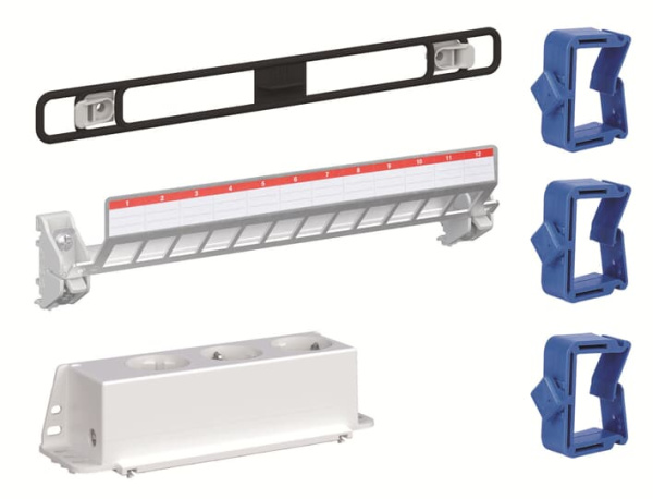 ABB Набор для мультимедиа ZE339 (держатель с двумя пластиковыми клипсами, патч-панель на 12 модулей Keystone, тройная розетка, три держателя кабеля) 2CPX038146R9999