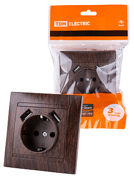 TDM Розетка 2П+З 16А 250В + 2 USB порта 2,1А 5В венге "Лама" SQ1815-0442