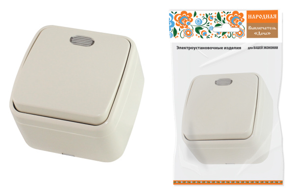 TDM Выключатель 1-кл. открытой установки с подсветкой IP20 10А, сл. кость "Дача" Народная SQ1824-0018