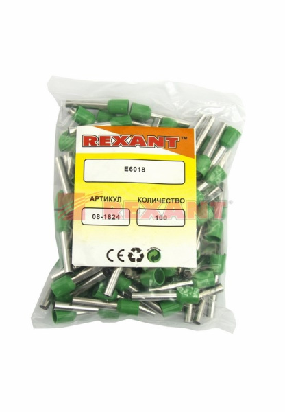 Купить Наконечник штыревой втулочный изолированный F-18мм 6мм² (НШВи 6.0-18) зеленый Rexant 08-1824