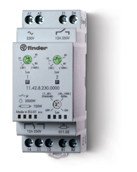 Finder Фотореле модульное с фотоэлементом 011.02; монтаж на рейку 35мм; 1CO+1NO 12A (2 канала); питание 230В АC; настройка чувствит. 1…80люкс, 20…1000 114282300000