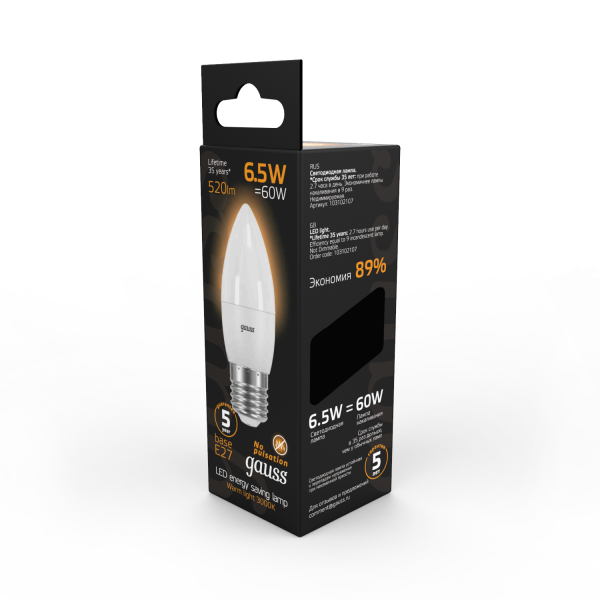Купить Gauss Лампа Свеча 6.5W 520lm 3000К E27 LED 103102107