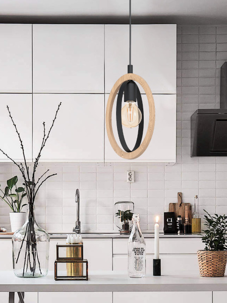 Купить Eglo 43461 Подвес BASILDON, 1x60W (E27), L190, B160, H1100, сталь, черный/дерево, коричневый