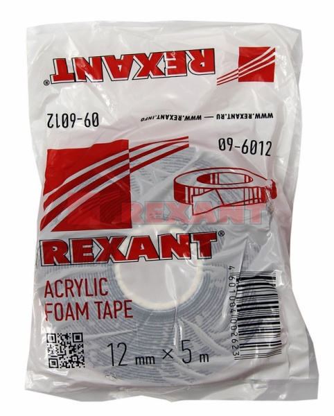 Купить Двухсторонний скотч, серый на HBA акриловой основе, защитная пленка красная, 12мм, 5метров Rexant 09-6012