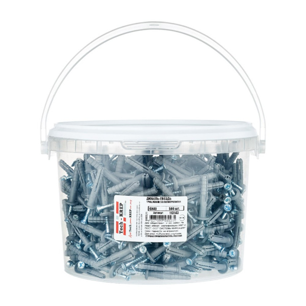 Tech-Krep Дюбель-гвоздь 6х40 гриб. манжета (полипропилен)  (500 шт) - ведро 113143