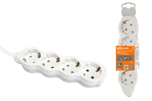 TDM Удлинитель бытовой "Люкс" УЛ04 4 гнезда, 3м, с/з, с з/ш, ПВС 3х1мм2 16А/250В бело-серый SQ1303-0236