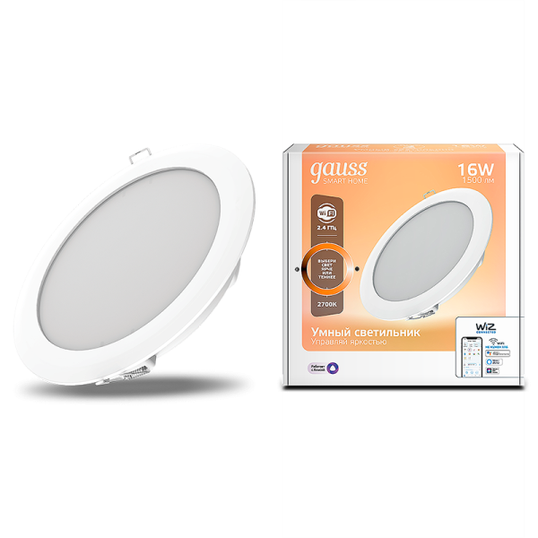 Gauss Светильник даунлайт Smart Home 16W 1500lm 2700К 220-240V IP20 165*38мм диммируемый LED 2020122