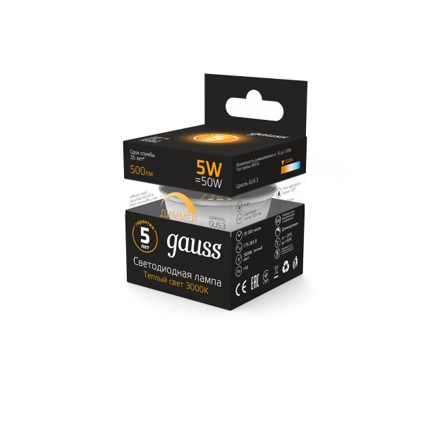Купить Gauss Лампа MR16 5W 500lm 3000K GU5.3 диммируемая LED 101505105-D