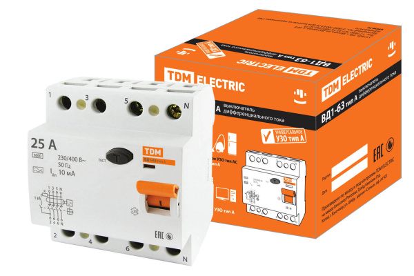 TDM УЗО ВД1-63 4Р 25А 10мА тип А SQ0203-0084