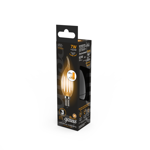 Купить Gauss Лампа Filament Свеча на ветру 7W 550lm 2700К Е14 шаг. диммирование LED 104801107-S
