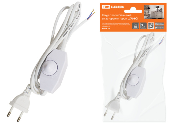 TDM Шнур с плоской вилкой и светорегулятором ШУ05С1 (200Вт, RL) ШВВП 2х0,75мм2 2м. белый SQ1305-0051