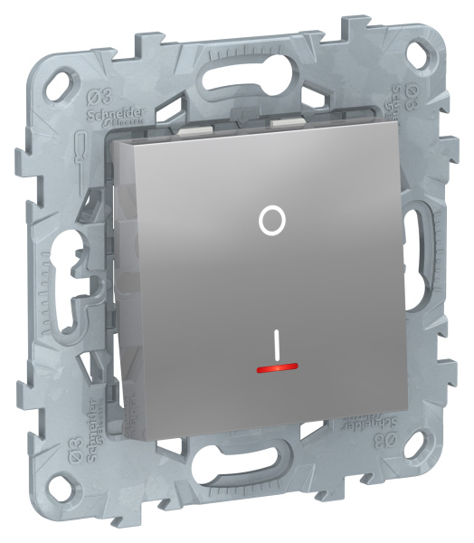 Купить SE Unica New Алюминий Выключатель 1-клавишный, двухполюсный, с индикацией, сх.2а, 16 AX, 250В NU526230S
