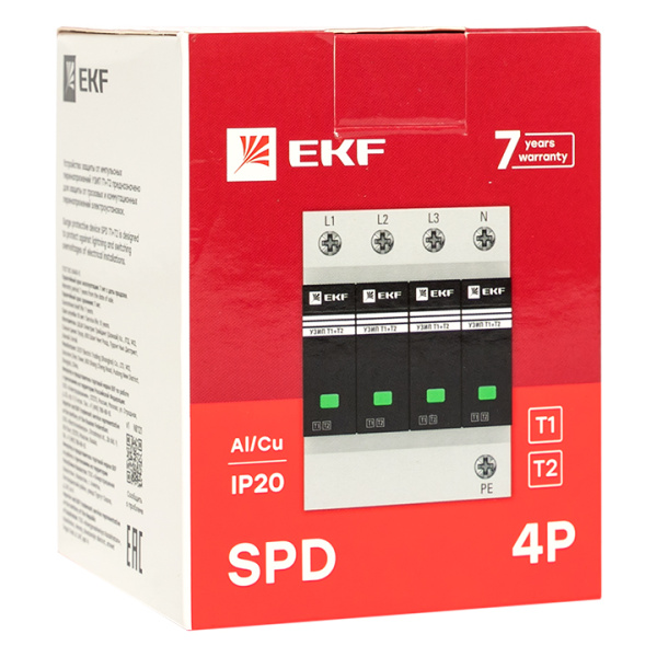Купить EKF Устройство защиты от импульсных перенапряжений Т1+Т2; Iimp-12,5kA; In-20kA; Uc-275В; 3+1