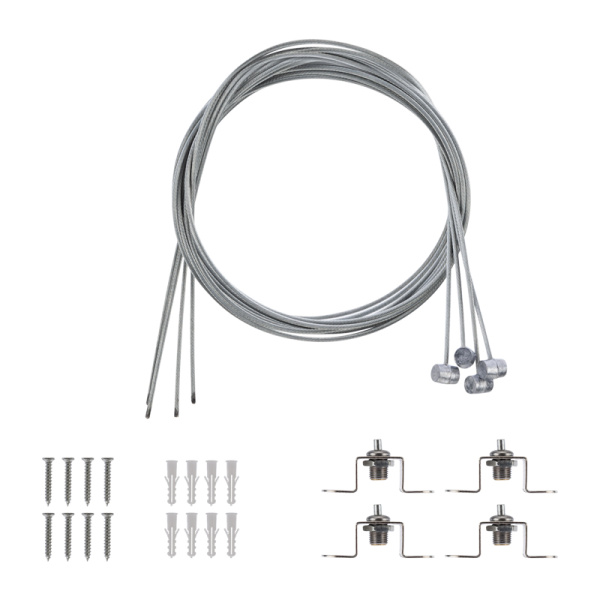 Комплект подвесных крепежей для светодиодных панелей № 1 (Трос длиной 1 м - 4 шт.; Винт самонарезающий 4х25 - 8 шт.; Дюбель пластмассовый 6х30 Rexant 606-301