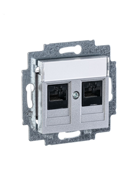 Купить ABB EPJ Levit серебро / дымчатый чёрный Розетка компьютерная, 2хRJ45 кат,5e, серебро 2CHH295118A6070