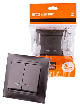 TDM Выключатель 2 кл. с подсветкой 10А шоколад "Лама" SQ1815-0505