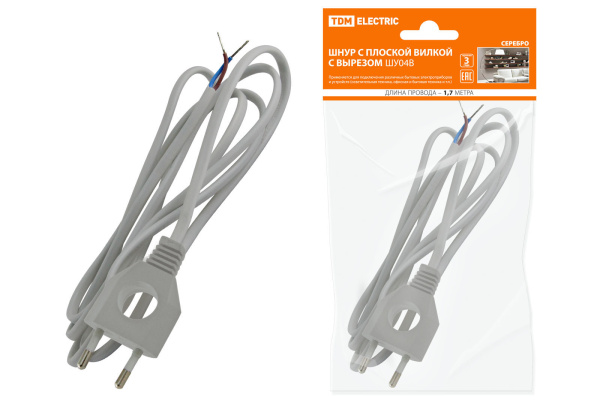 TDM Шнур с плоской вилкой с вырезом ШУ04 ШВВП 2х0,75мм2 1,7 м. серебр. металлик SQ1305-0035
