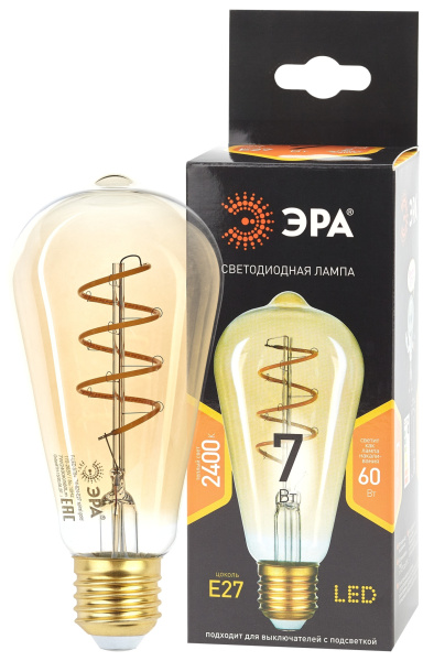 ЭРА F-LED ST64-7W-824-E27 spiral gold (филамент, спир зол, 7Вт, тепл, E27) (20/960)
