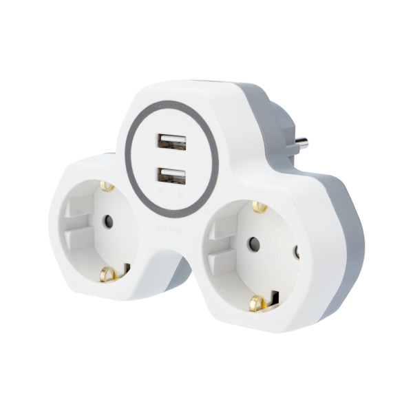 Двойник электрический 16 А с заземлением и защитными шторками + 2 USB порта, 2,4 А, белый Rexant 11-1089