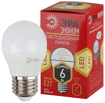 ЭРА ECO LED P45-6W-827-E27 (диод, шар, 6Вт, тепл, E27) Б0020629