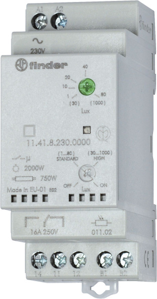 Finder Фотореле модульное с фотоэлементом 011.02; монтаж на рейку 35мм; 1CO 16A; питание 230В АC; настройка чувствит. 1…80люкс, 30…1000люкс; ширина 35 114182300000