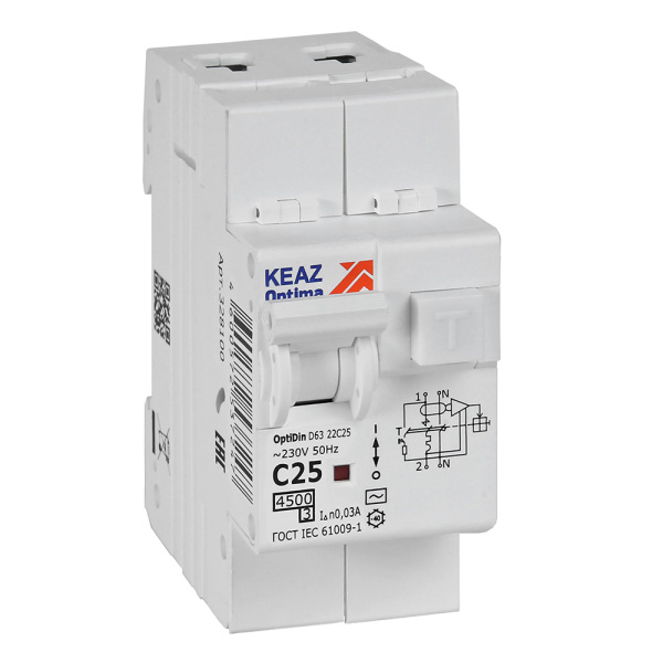 КЭАЗ Автоматический выключатель дифференциального тока АВДТ с защитой от сверхтоков OptiDin D63-22C25-AC-У3 (2P, C25, 30mA, 4,5кА) 328100