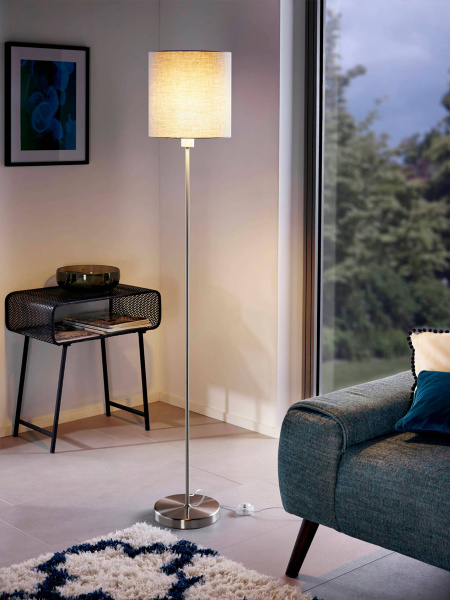 Купить Eglo 95166 Торшер PASTERI, 1х60W (E27), Ø280, H1575, никель матовый/текстиль, серый