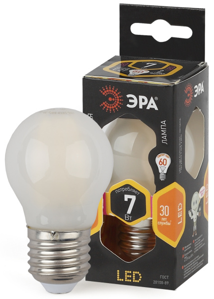 ЭРА F-LED P45-7W-827-E27 frost (филамент, шар мат., 7Вт, тепл, E27) Б0027958