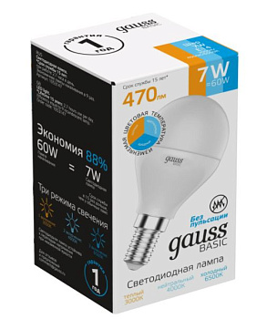 Gauss Лампа Basic Шар 7W 470lm 3000K-4000K-6500K Е14 изм.цвет.темп. LED 1053147