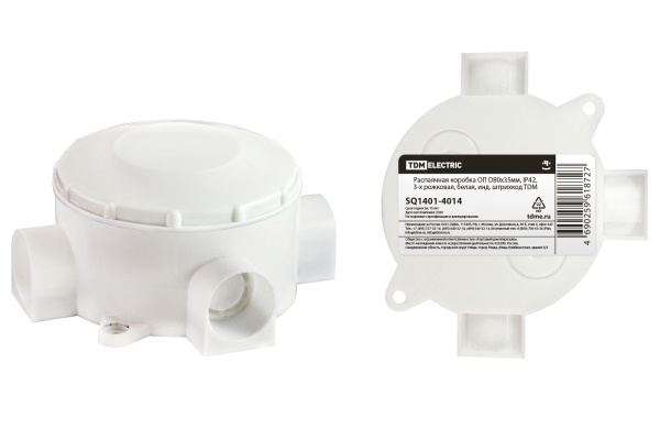TDM Распаячная коробка ОП D80х35мм, IP42, 3-х рожковая, белая, инд. штрихкод SQ1401-4014