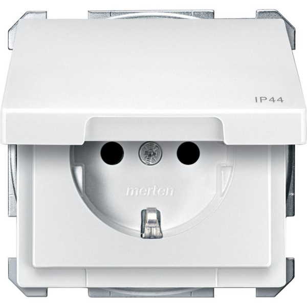 Купить SE Merten Aquadesign Полярно-Бел Розетка Schuko с крышкой, с защитными шторками, IP44, винт. заж. MTN2414-4019