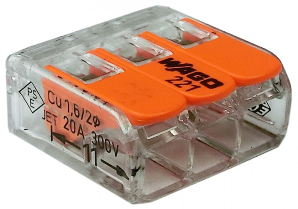 Wago клеммы для всех типов проводников; макс. 4 мм²; 3-проводн.; с рычагами; прозрачный корпус 221-413