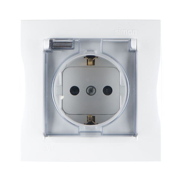Купить Simon 15 Белая Розетка 1-ая с/з с крышкой с защитными шторками, IP44 (в сборе с рамкой) 1590450-030