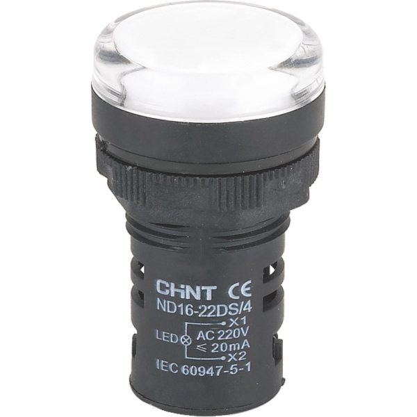 CHINT Индикатор ND16-22DS/2C белый, компактный, встр. резистор, IP65 АС/DC24В (R)
